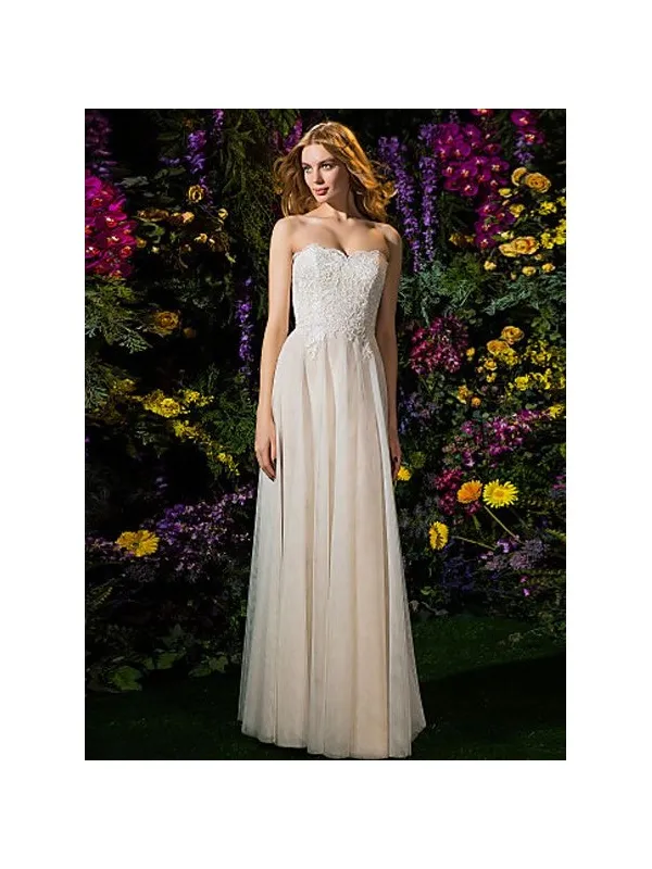 Abito da Sposa Economico Semplice Scivolato con scollo a cuore e corpetto in pizzo