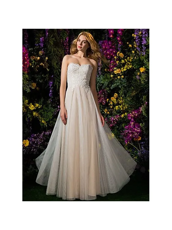Abito da Sposa Economico Semplice Scivolato con scollo a cuore e corpetto in pizzo