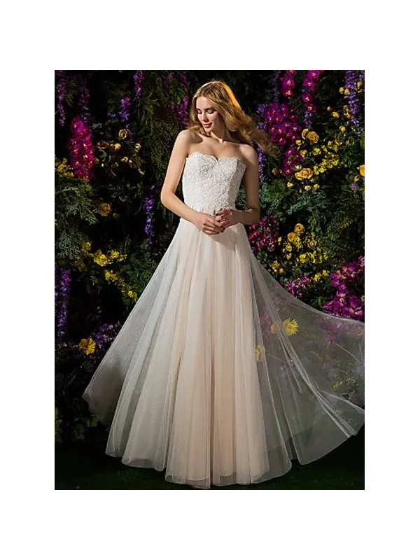 Abito da Sposa Economico Semplice Scivolato con scollo a cuore e corpetto in pizzo