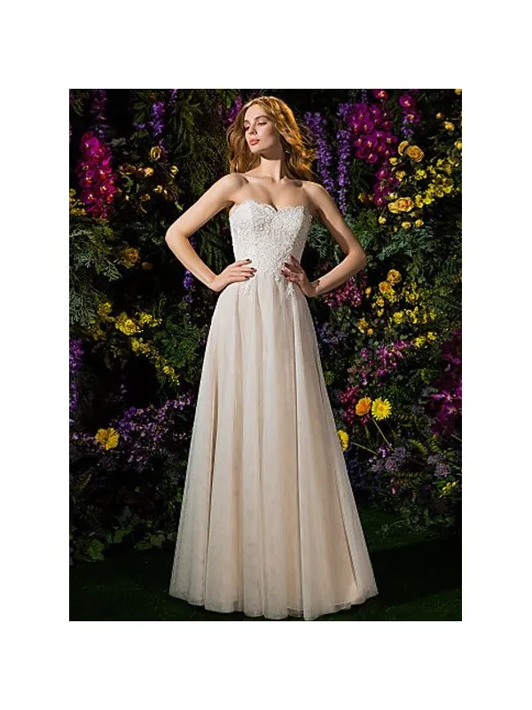Abito da Sposa Economico Semplice Scivolato con scollo a cuore e corpetto in pizzo