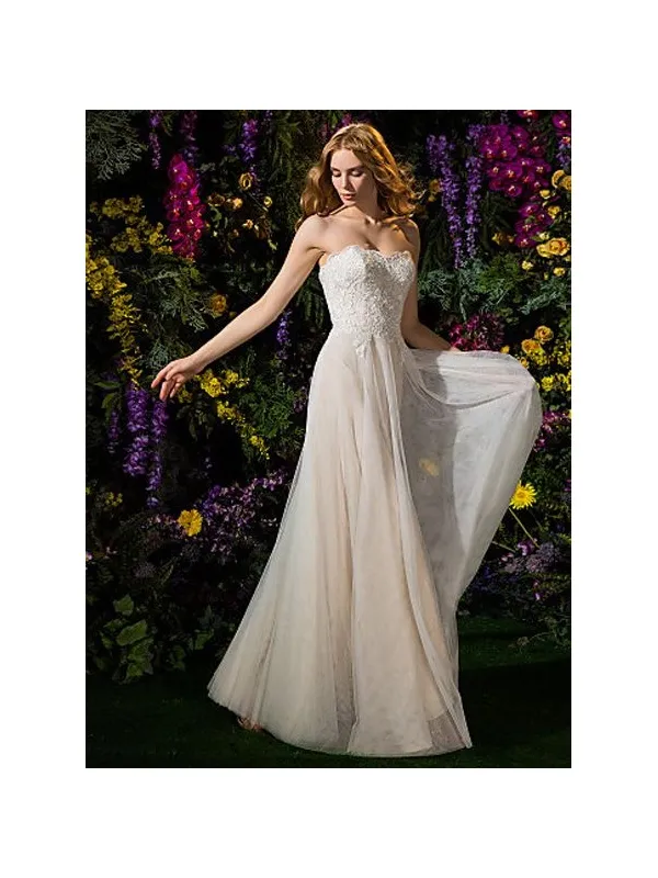 Abito da Sposa Economico Semplice Scivolato con scollo a cuore e corpetto in pizzo