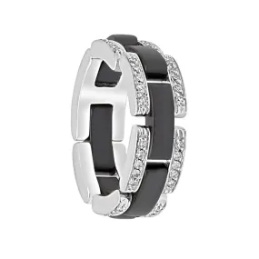 Anello in oro bianco con diamanti e ceramica nera mis 17